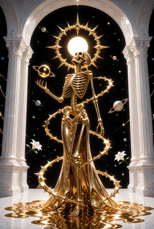 A Celestial Golden Skeleton, Standing In A Dramatic Low-angl...