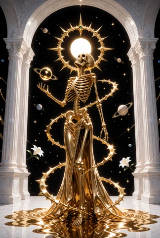 A Celestial Golden Skeleton, Standing In A Dramatic Low-angl... — Stable Diffusion AI Prompt: A celestial golden skeleton, standing in a dramatic low-angle shot and full body...