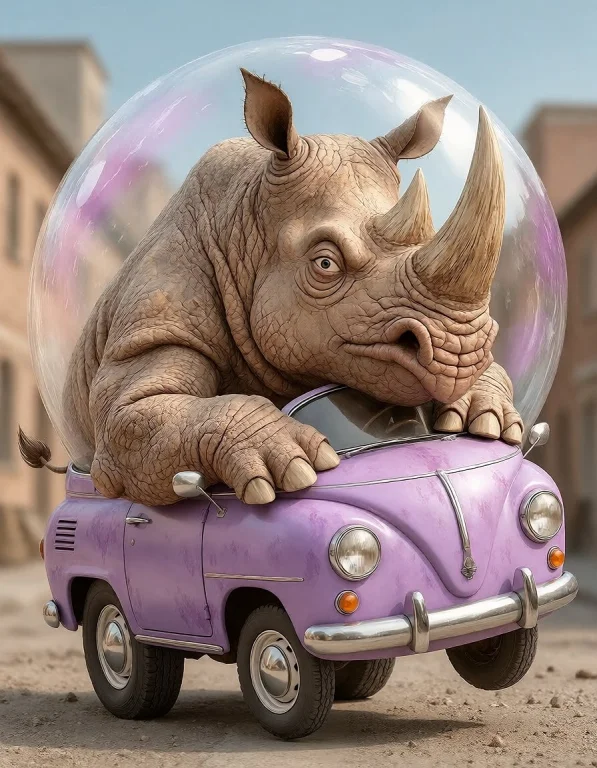 A Humorous 3d Cartoon Of A Huge, Muscular Rhinoceros Squeeze...