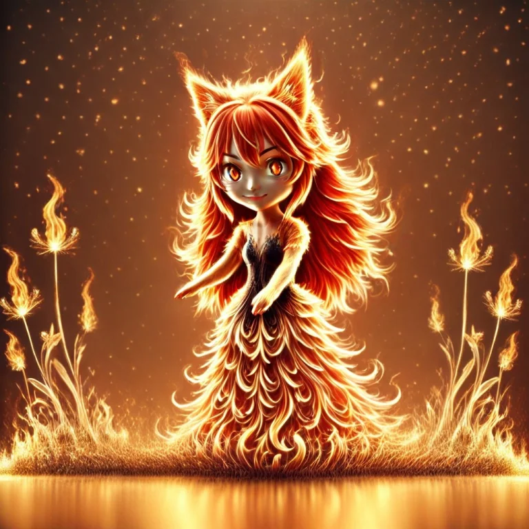 A 3d Chibi Anime Red Hair Cat Girl Wear Fire Long Dresses