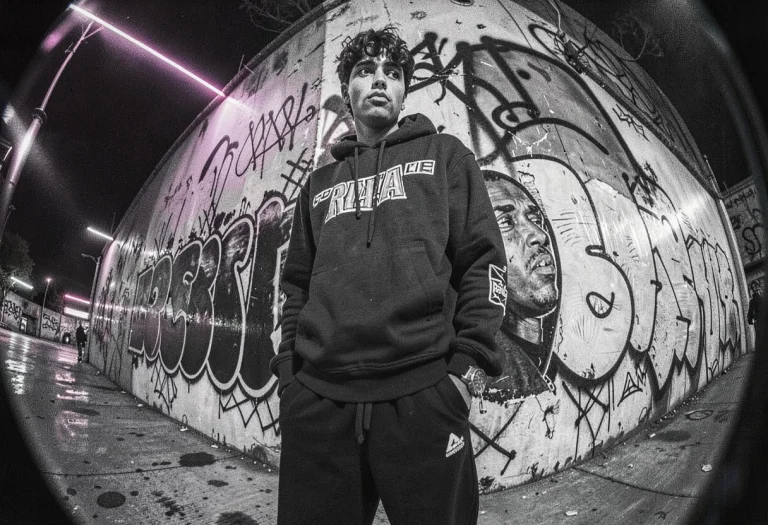 A Bold Streetwear Look Against Graffiti Walls, Analog Photo,...