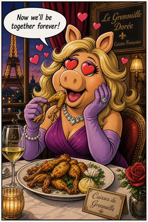 Make Me A Comic Image Of Miss Piggy Eating Fried Frogs Legs....
