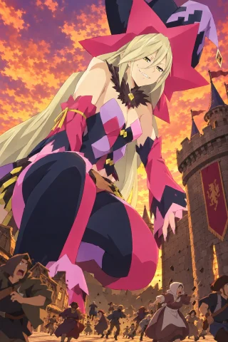 Giant Anime Magilou Medieval Sunset — Stable Diffusion AI Prompt: Anime artstyle. Takes place in medieval city during sunset. Magilou (the blonde-...
