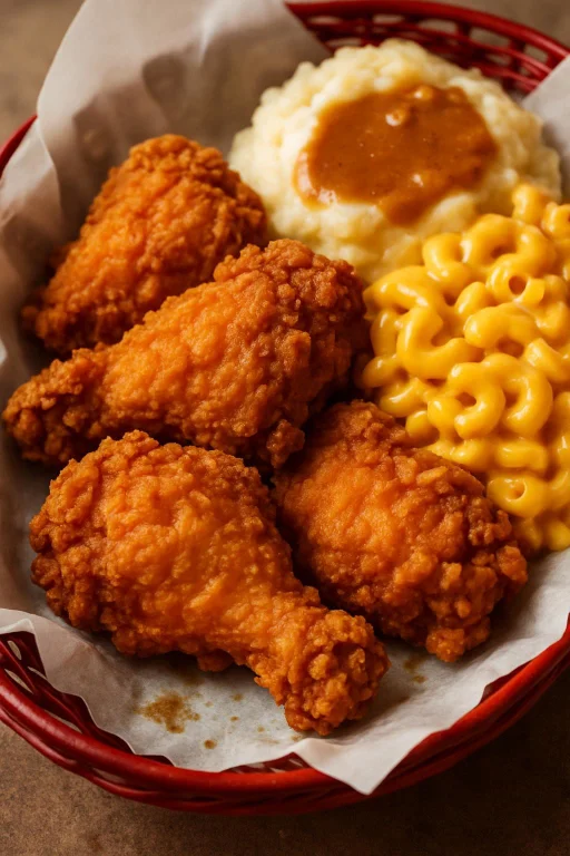 High Quality, Zoomed In Image Of Fried Chicken In A Basket W...