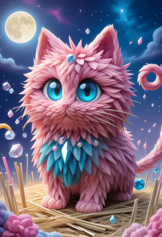 Straw, Cute Pink And Blue Cat Made Of Straw, Crystalized, Cr...
