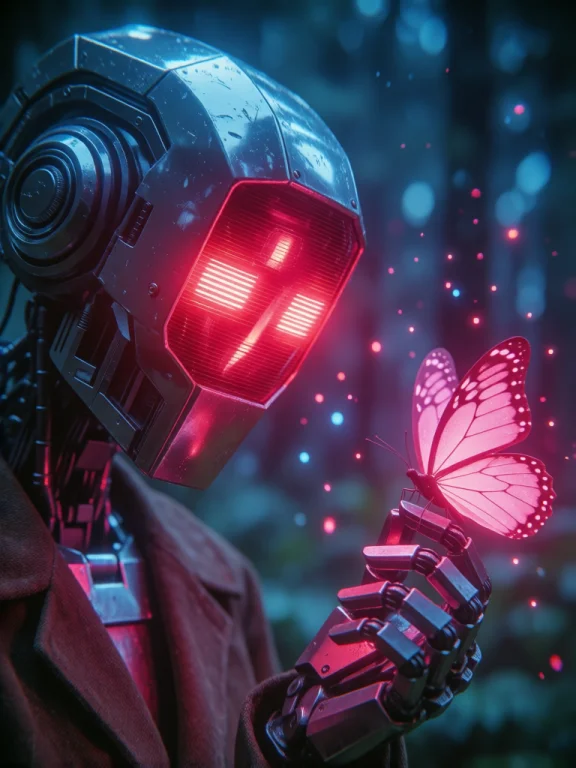 Photograph Of A Metallic Robot With A Red Glowing Face, Hold...