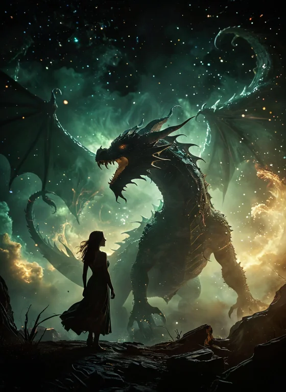Bosstyle, Silhouette Of A Woman Fighting A Colossal Luminous...