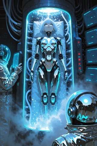 Df5tyle, Cyber-humanoid Slowly Waking In A Glowing Cryo-pod,... — Stable Diffusion AI Prompt: df5tyle, cyber-humanoid slowly waking in a glowing cryo-pod, eyelids fluttering,...
