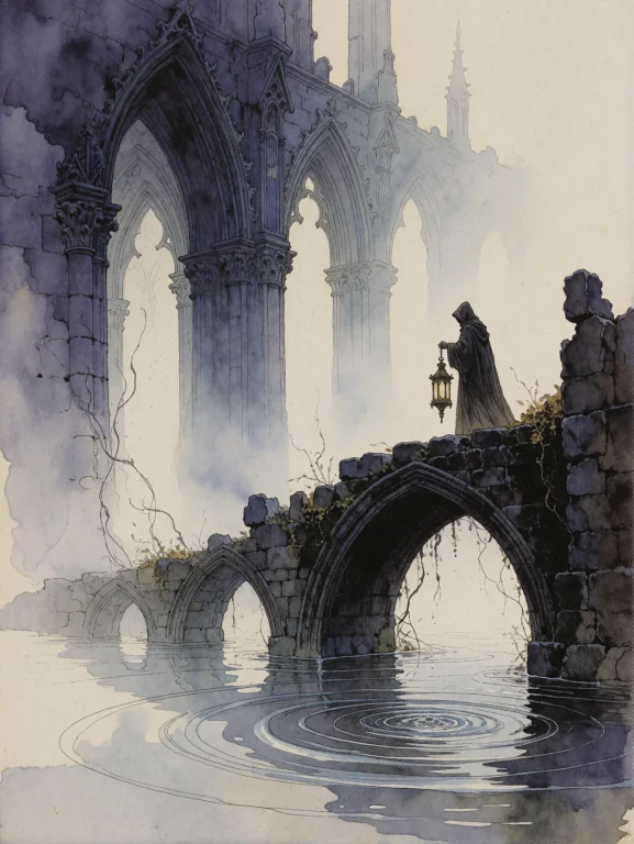 An Ethereal Dark Fantasy Scene Of A Hooded Pilgrim Walking A...