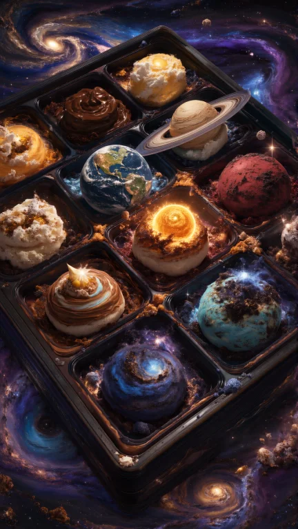 A Surreal Cosmic Fantasy Food Scene Featuring A Premium 3x3...