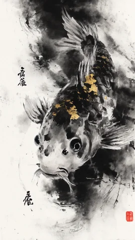 A Single Gilded Koi Fish Close-up, Traditional Chinese Ink W... — Stable Diffusion AI Prompt: a single gilded koi fish close-up, traditional Chinese ink wash painting style,...