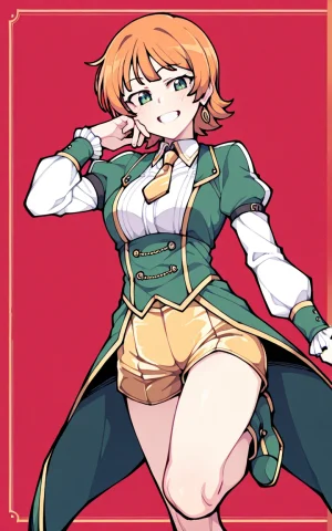 Stable Diffusion Girl Prompt — Stable Diffusion AI Prompt: 1girl, jp_outfit, orange hair, short hair, green eyes, gold shorts, gold tie, s...