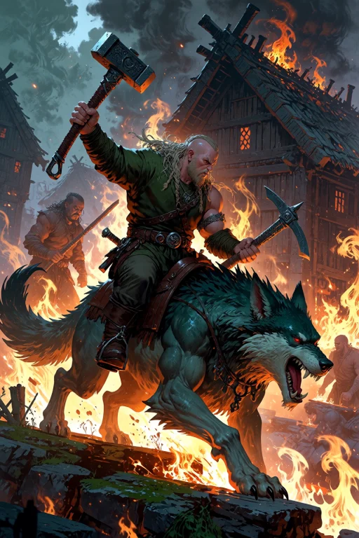, Viking Riding A Wolf Into A Burning Village Longhouse Embe...