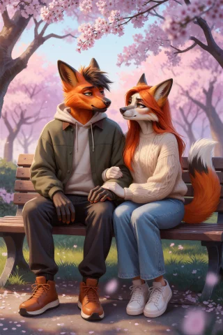 R1lisit1ka, An Anthro Fox Couple Sitting Together On A Bench... — Stable Diffusion AI Prompt: R1lisit1ka, an anthro fox couple sitting together on a bench surrounded by bloom...