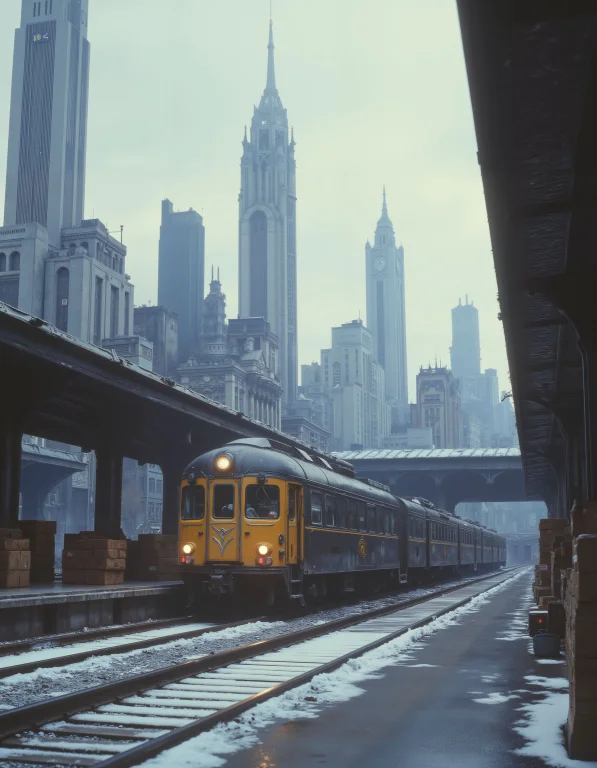 Train Skyscrapers Cinematic Scene Of A Art Deco Train Arrivi...