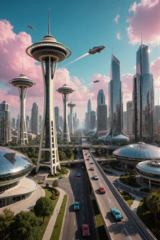 Retrofuturismbymrjohn, A Sprawling Utopian City Skyline Feat... — Stable Diffusion AI Prompt: RetroFuturism_ByMrJohn, a sprawling utopian city skyline featuring saucer-shaped...