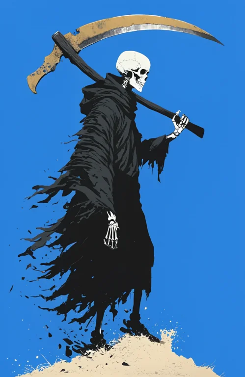 A Skeletal Figure Dressed In Tattered Black Robes Stands In...