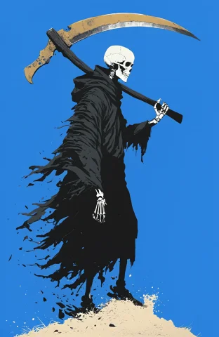 A Skeletal Figure Dressed In Tattered Black Robes Stands In... — Stable Diffusion AI Prompt: A skeletal figure dressed in tattered black robes stands in profile facing right...