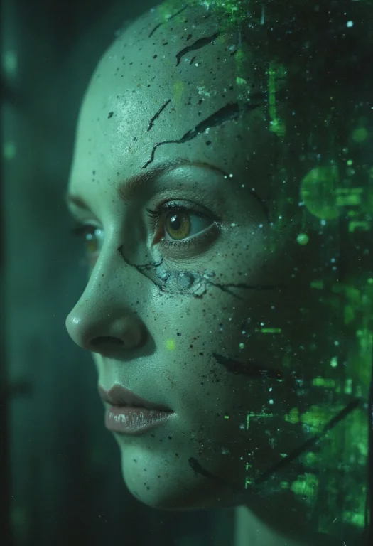A Close-up Shows A Woman Appearing On An Ancient, Dystopian...