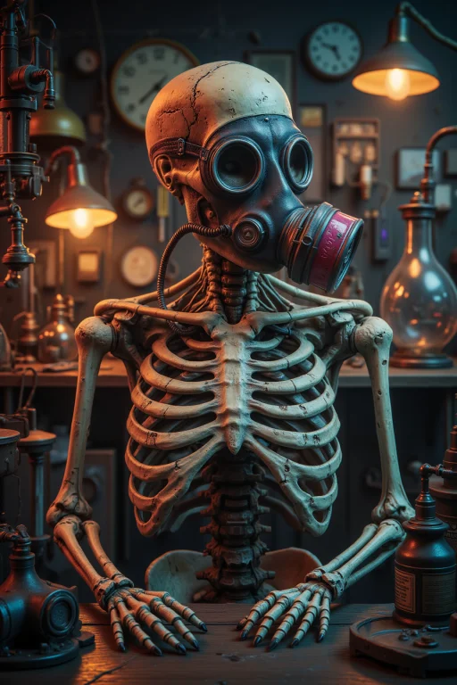 A Skeleton In A Gas Mask Seated In An Old Workshop, The Deta...
