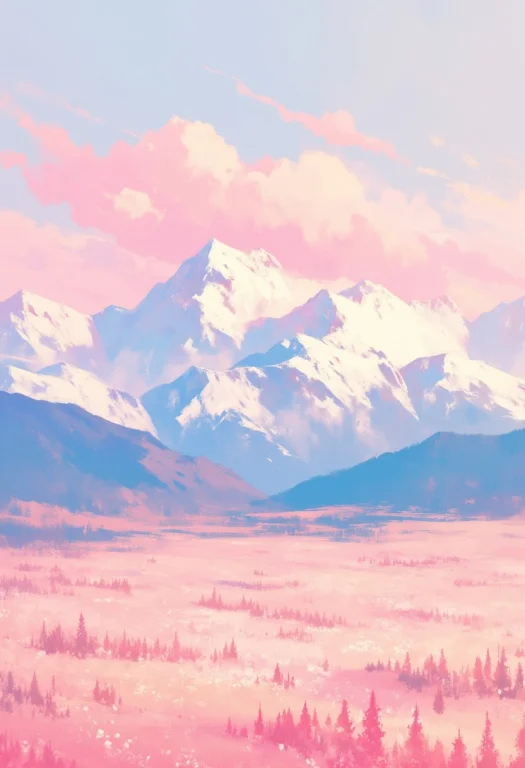 A Snowy Mountain Range With Soft Pink Clouds Above It. A Fie...