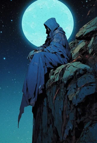 A Mysterious, Hooded Figure Draped In A Long, Flowing Blue C... — FLUX AI Prompt: A mysterious, hooded figure draped in a long, flowing blue cloak sits solemnly o...