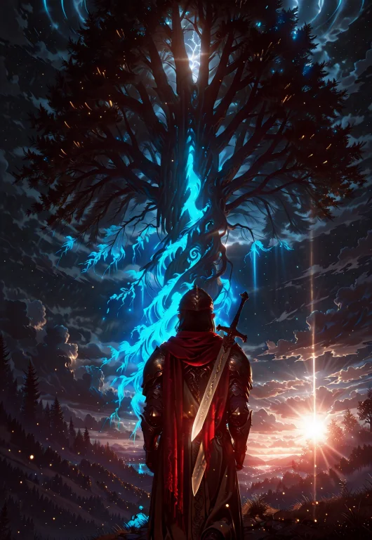 1boy,solo,full Armor,from Behind,glowing Tree,erdtree Elden...