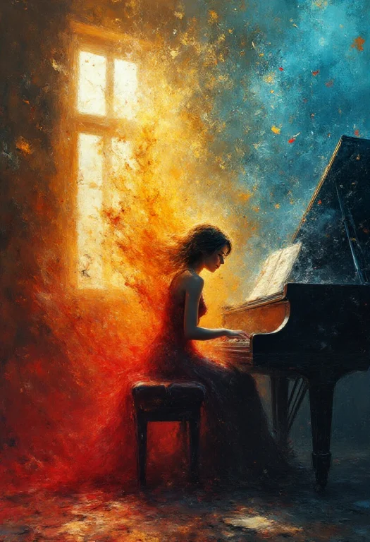 A Cinematic, Painterly Scene Of A Female Pianist Sitting At...