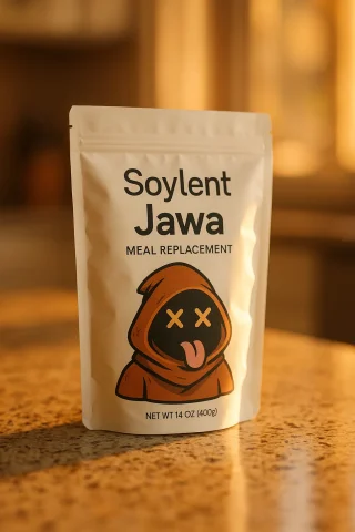A Package Of Soylent Jawa, It Features Artwork Of A Jawa Wit... — Stable Diffusion AI Prompt: a package of "Soylent Jawa", it features artwork of a jawa with X's for eyes, an...