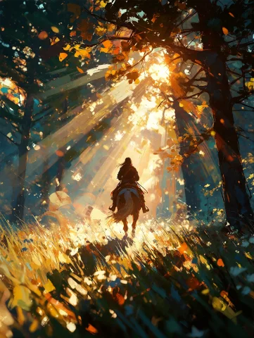 A Lone Rider On Horseback Emerging From A Dark Forest Into A... — Stable Diffusion AI Prompt: A lone rider on horseback emerging from a dark forest into a brilliant sunlit me...