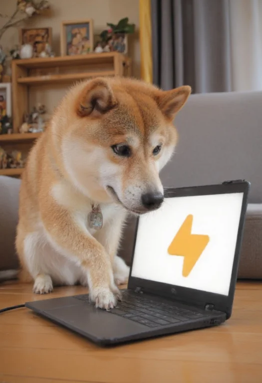 A Shiba Inu Pointing At A Laptop With A Suchbuzzlogo. Text O...