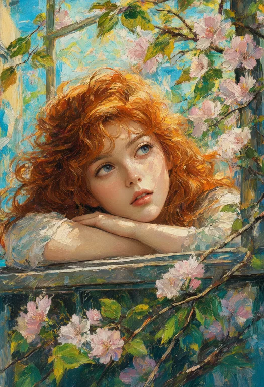 Oil Painting, Close-up Portrait Of A Beautiful Young Woman W...