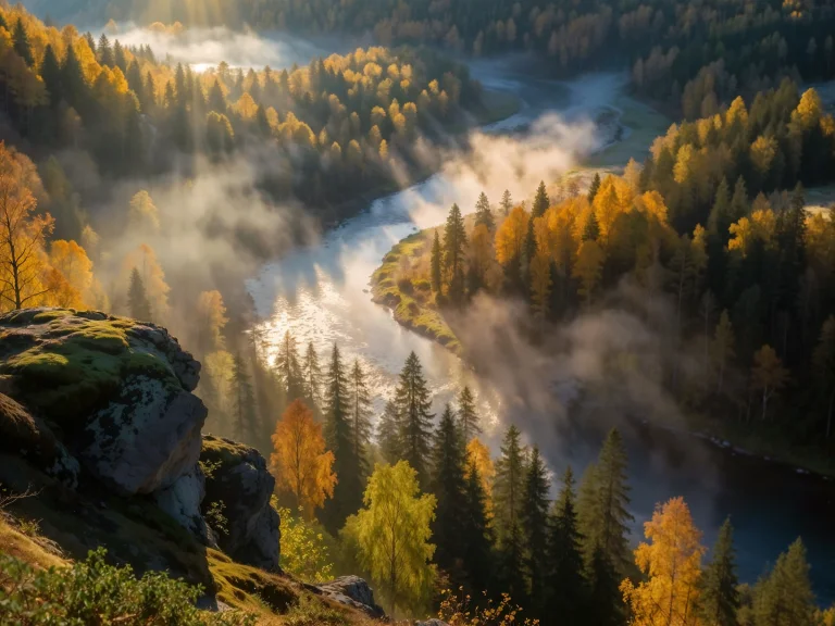 Autumn Forest With Winding River Mist Morning Sunlight Golde...