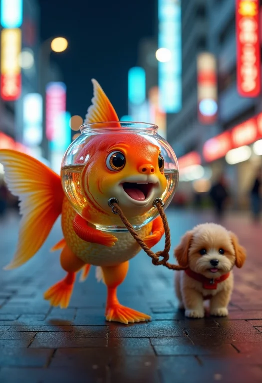 A Cute Happy Goldfish Wearing A Fish Bowl As Breathing Mask...