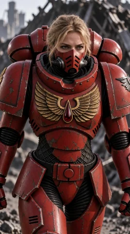 Photograph Of A Blonde Woman With Fair Skin Wearing A Blo0da... — Stable Diffusion AI Prompt: Photograph of a blonde woman with fair skin wearing a Blo0dA40K armor with a mas...