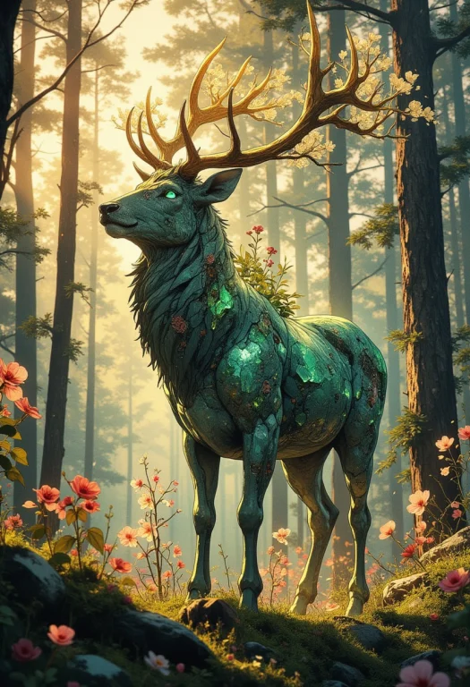 Hyper Realistic, A Majestic A Gemstone Stag Slowly Blooming...