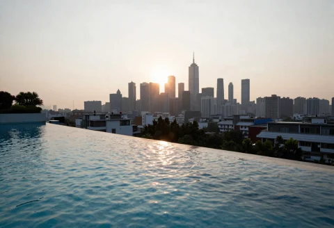 A Rooftop Infinity Pool Overlooking The Skyline, Impressioni... — Stable Diffusion AI Prompt: a rooftop infinity pool overlooking the skyline, impressionist style, sunset bac...