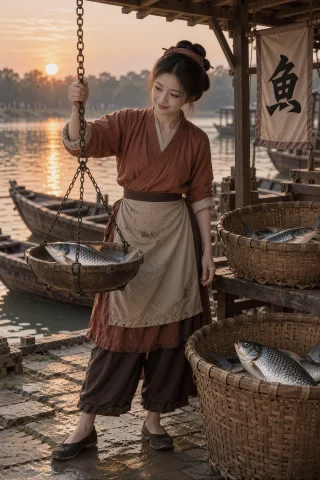 , A Woman In Her Late Twenties Weighs A Large Silver Fish On... — Stable Diffusion AI Prompt: 古装, a woman in her late twenties weighs a large silver fish on a hanging hand...