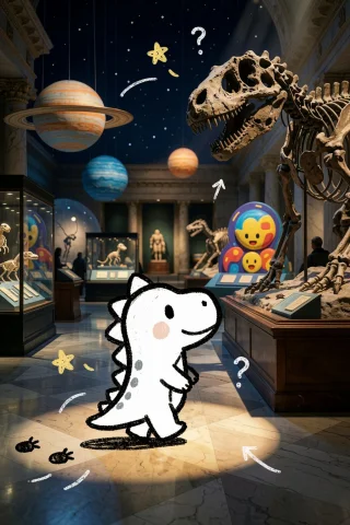Childlike Dinosaur Museum Art — Stable Diffusion AI Prompt: Create a childlike dinosaur protagonist drawn in thick black oil-crayon lines, w...