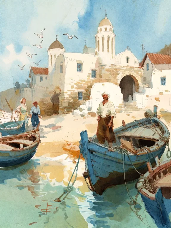 Bradhamel Art Style. A Watercolor Painting Of A Sunlit Coast...