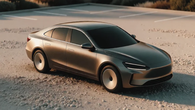 A Smooth-bodied Sedan Parked Alone In An Empty Gravel Lot, L...