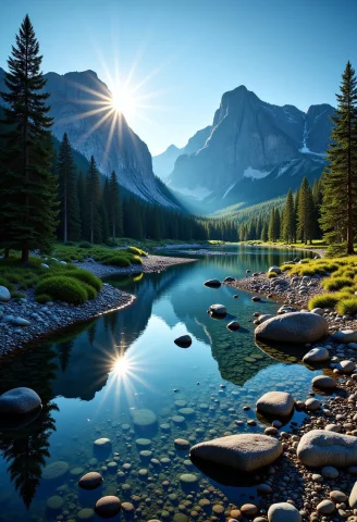 The Image Is A Landscape Photograph Of A Mountain Range With... — FLUX AI Prompt: The image is a landscape photograph of a mountain range with a river flowing thr...