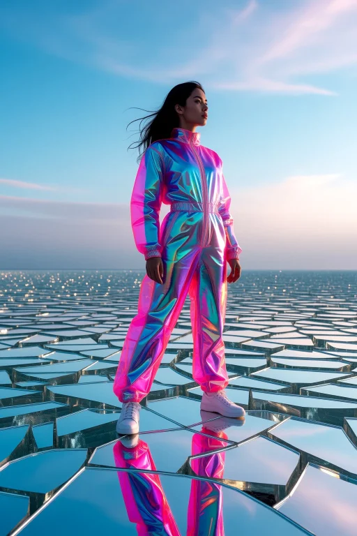 Woman Standing Proudly Atop A Giant Shattered Mirror Field,...