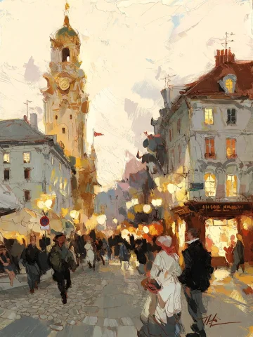 Bradhamel Art Style. A Vibrant Impressionistic Painting Of A... — Stable Diffusion AI Prompt: Bradhamel art style.**** A vibrant impressionistic painting of a bustling Europe...