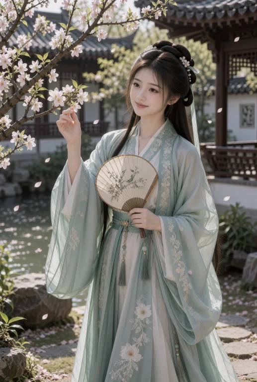 中国宋代古装爱情剧剧照，春日上午，安静的江南园林，中景平视镜...