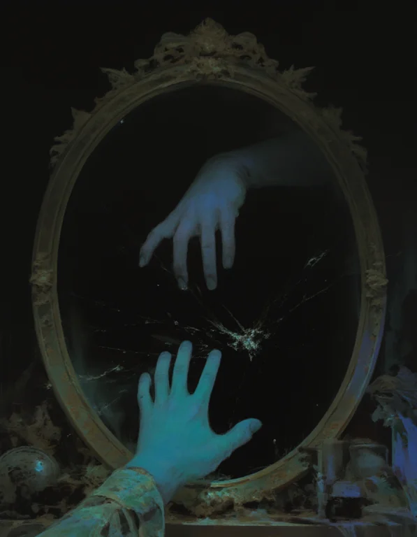 A Dark Shadowy Hand Emerging Through An Old Victorian Mirror...