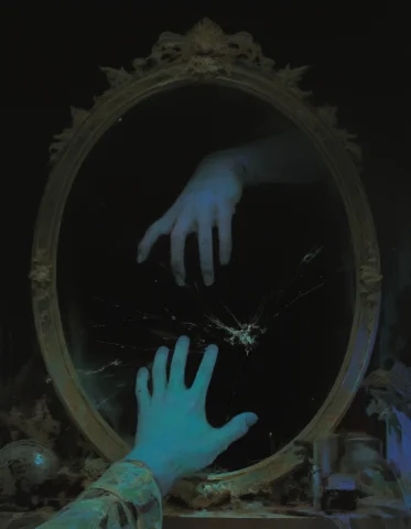 A Dark Shadowy Hand Emerging Through An Old Victorian Mirror... — FLUX AI Prompt: A dark shadowy hand emerging through an old Victorian mirror, with dusty, golden...