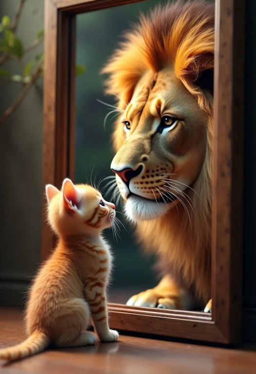A Cute Kitten Looking In The Mirror And Seeing An Elegant Li...