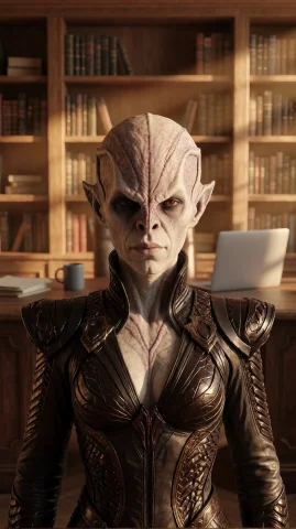 Stable Diffusion Alien Woman Prompt — Stable Diffusion AI Prompt: rmnfml alien woman, chest-up, straight-on, standing, tongue out, stern, bookshel...
