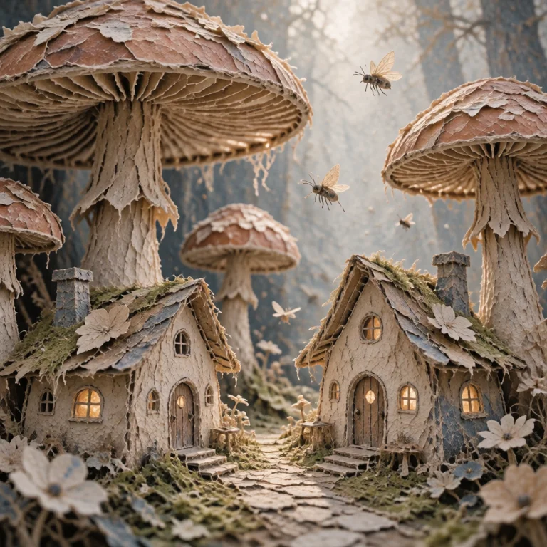 A Miniature Woodland Village Nestled Beneath Enormous Mushro...
